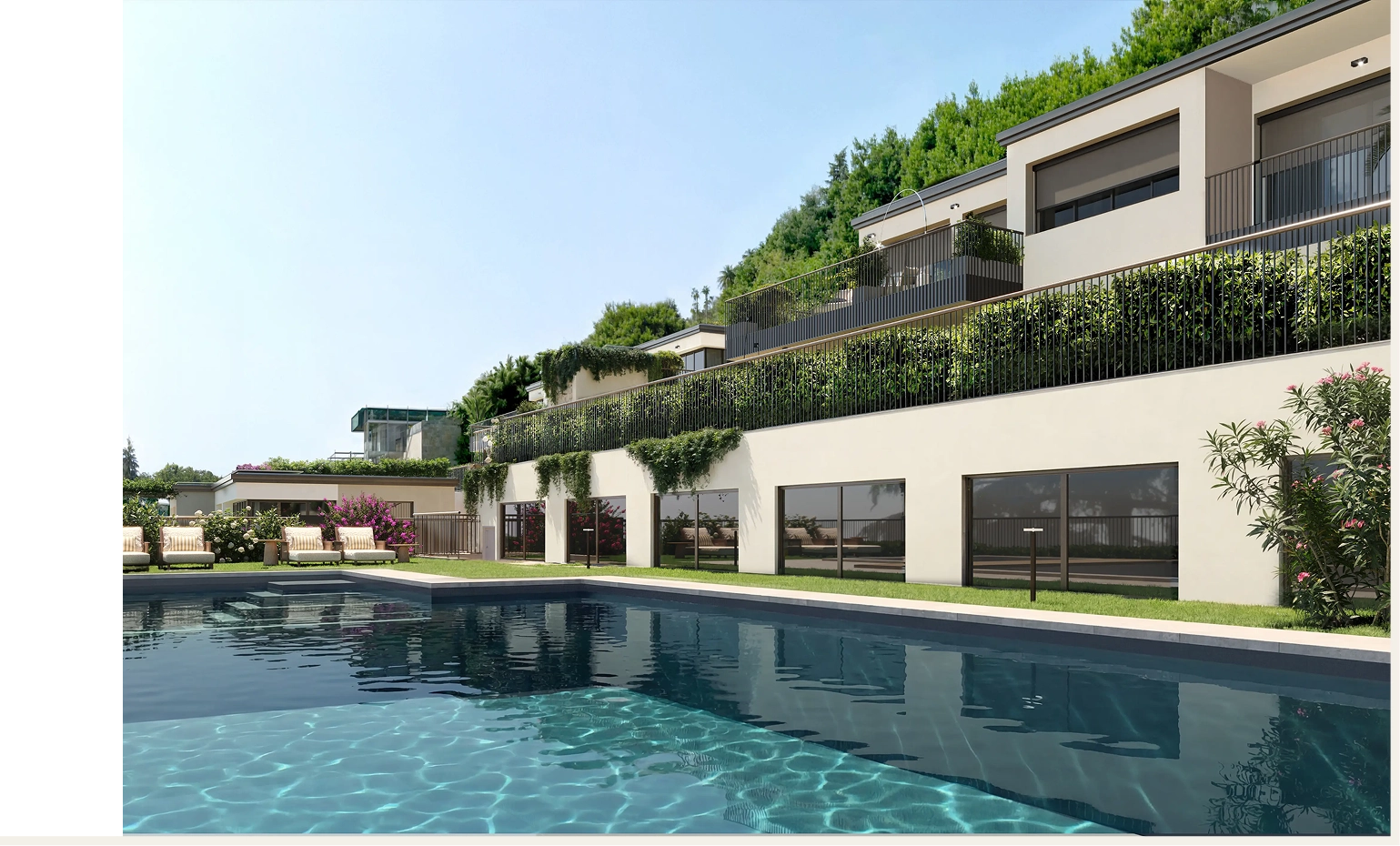 Modern villa complex with terraces, greenery, and a clear blue swimming pool surrounded by lounge chairs and plants.