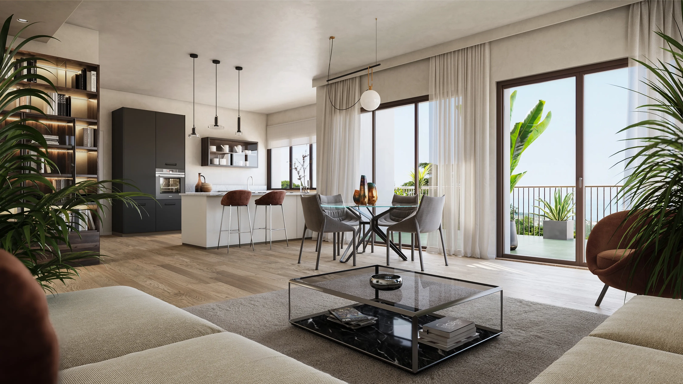 Modern open living room with beige sofas, a glass coffee table, dining area with gray chairs, and kitchen with an island and pendant lights.