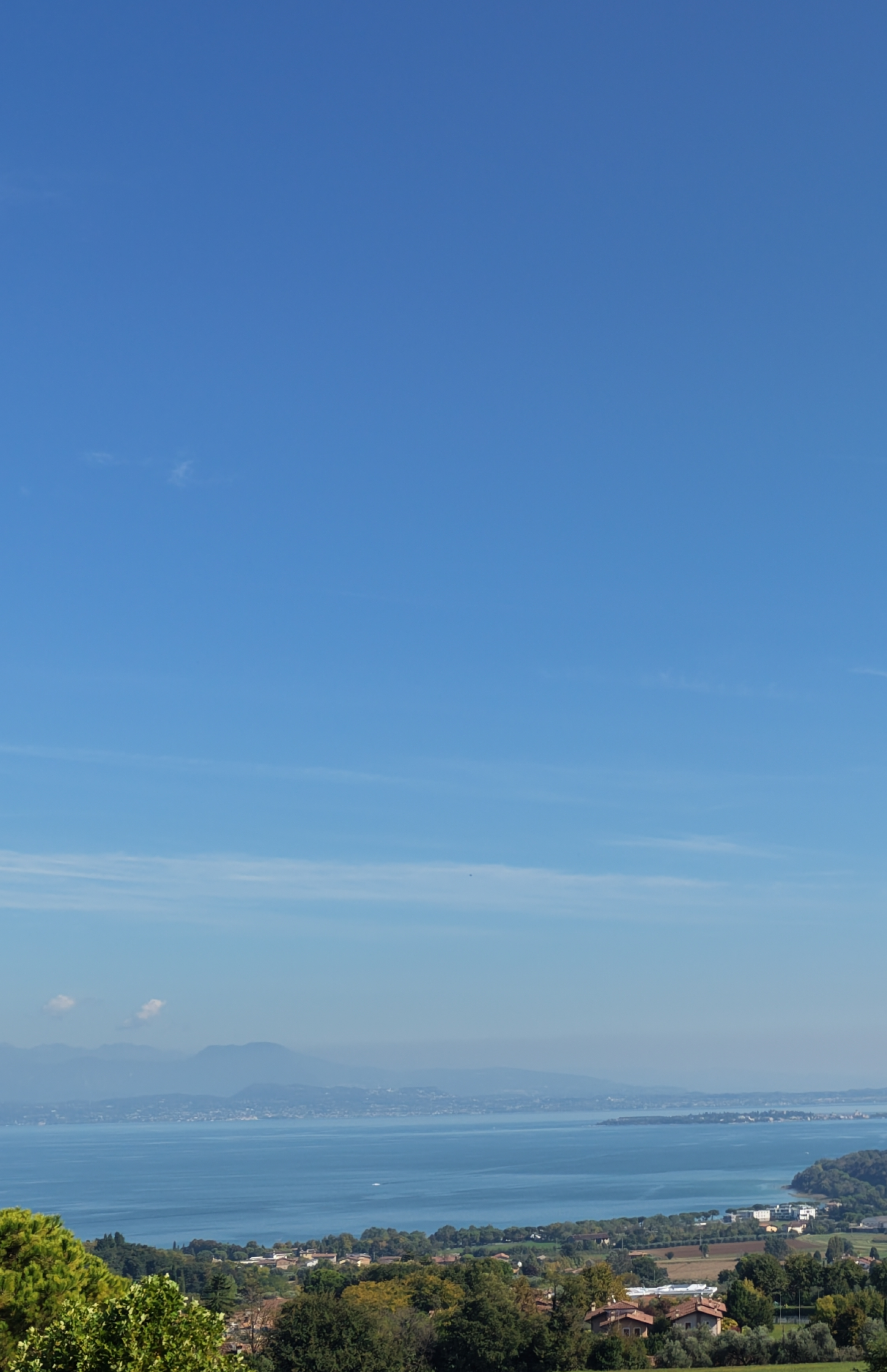 Panoramic view of a calm lake surrounded by green trees and buildings under a clear blue sky.