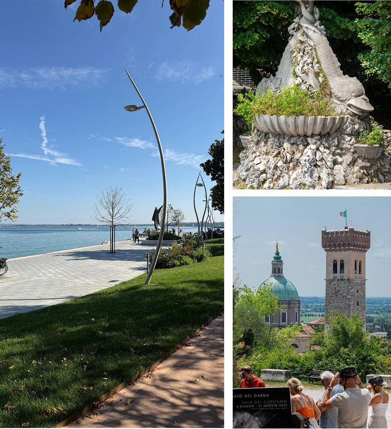 Collage of three images showing a waterfront promenade with modern street lamps and trees, a stone sculpture of intertwined fish with plants, and a scenic view of a historic tower and dome with visitors in the foreground.